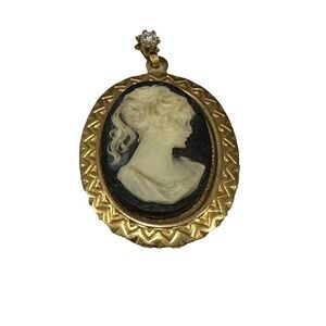 Vintage Black & White  ( cream) Cameo Pendant w/ Rhinestone Estate Find